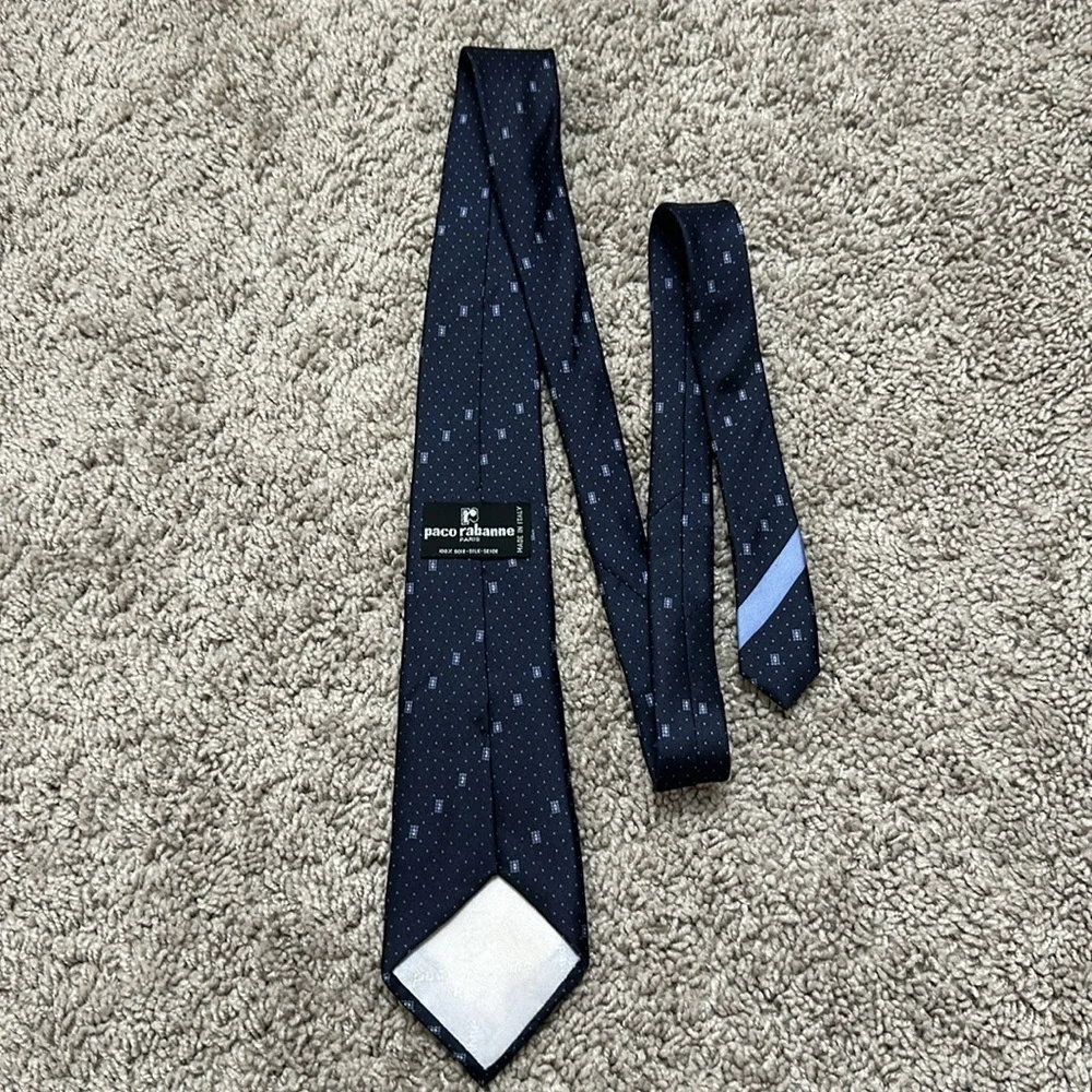 PACO RABANNE Paris Men’s Silk Tie Navy Blue Made In Italy